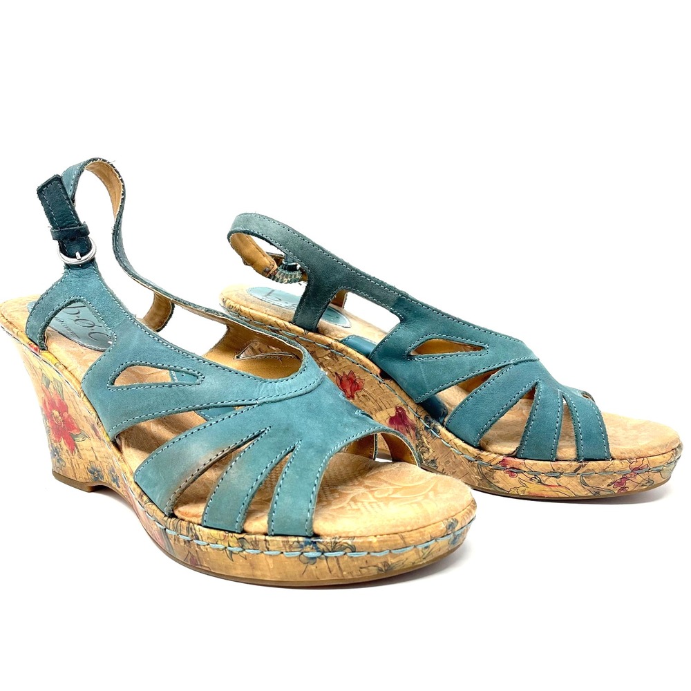 Born BOC Sandals Women Sz 8 / EU 39 Teal Leather Strappy Slingback Wedge Sandals